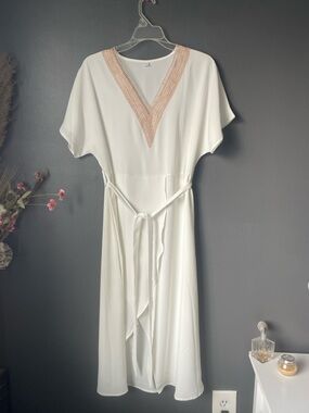 White Polyester Midi Dress Small V Neck Lace Trim Tie Waist  Minimal Boho